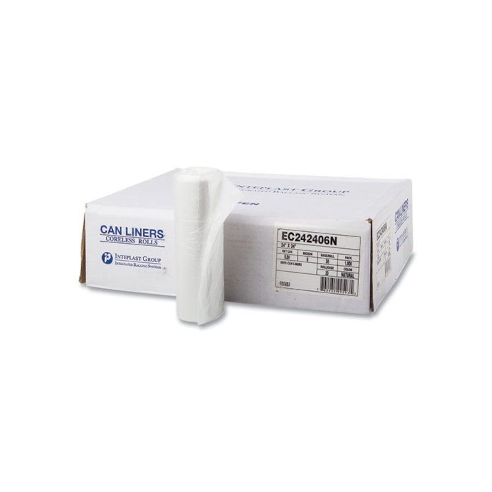 High-Density Commercial Can Liners, 10 gal, 6 mic, 24" x 24", Natural, Perforated Roll, 50 Bags/Roll, 20 Rolls/Carton. Picture 1
