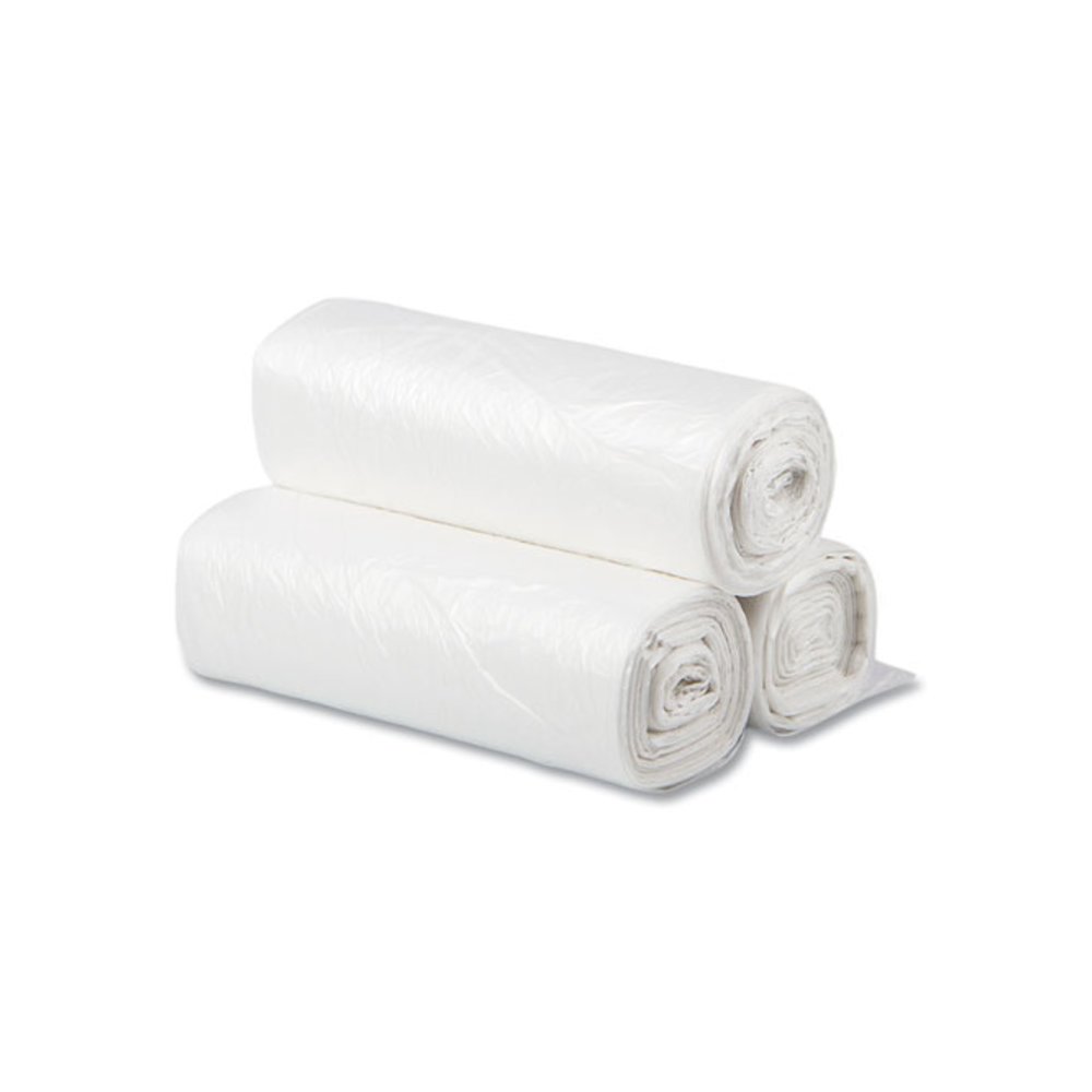 High-Density Commercial Can Liners, 10 gal, 6 mic, 24" x 24", Natural, Perforated Roll, 50 Bags/Roll, 20 Rolls/Carton. Picture 3