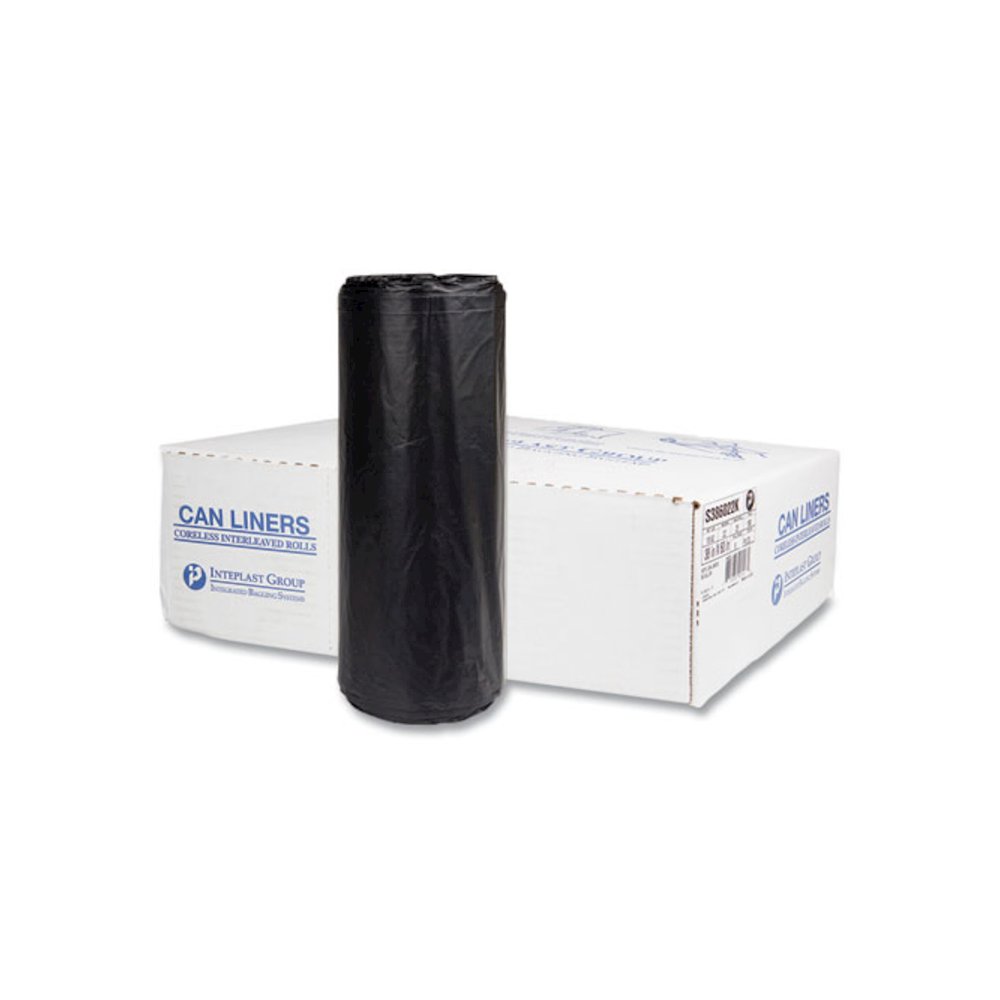 High-Density Commercial Can Liners, 60 gal, 22 mic, 38" x 60", Black, Interleaved Roll, 25 Bags/Roll, 6 Rolls/Carton. Picture 1