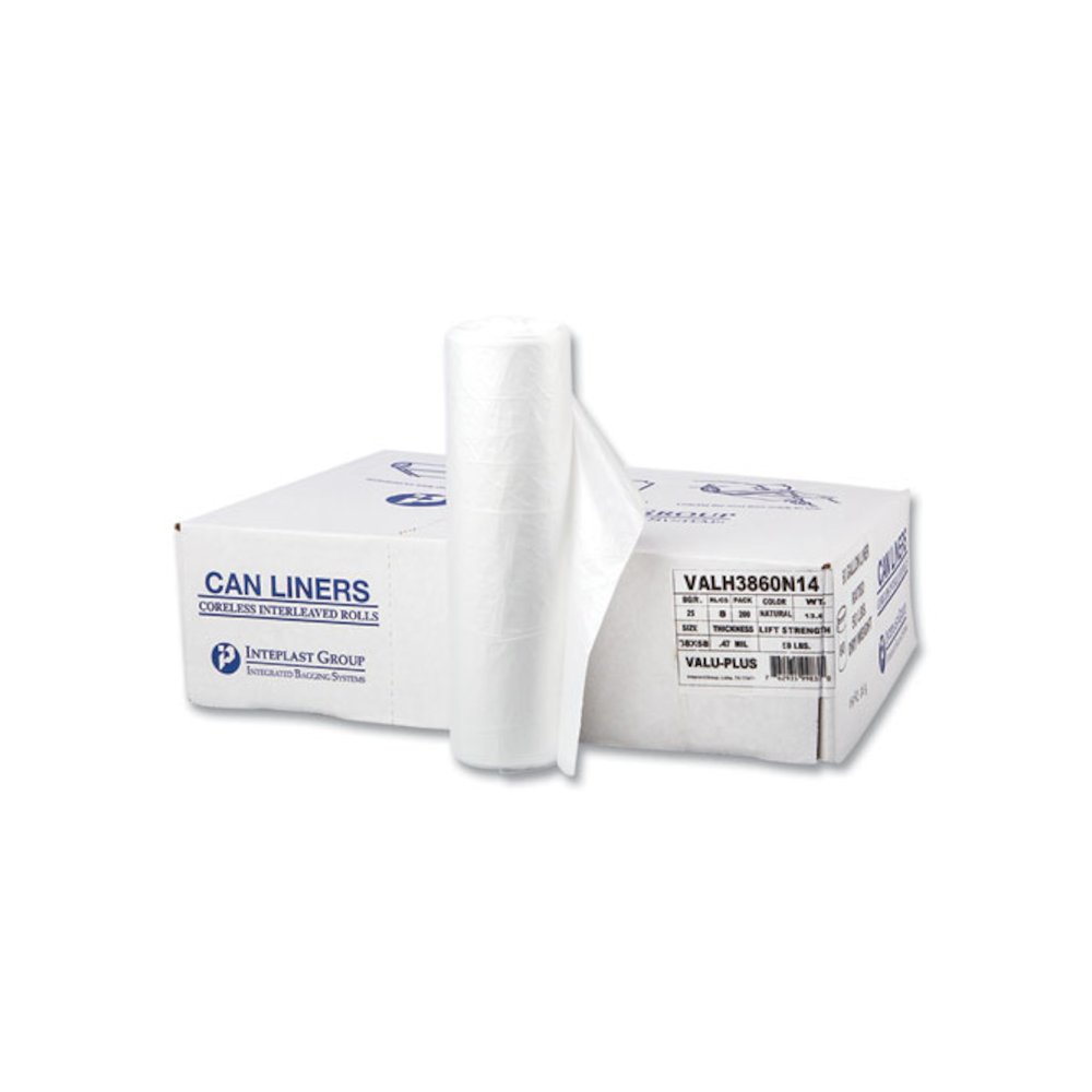 High-Density Commercial Can Liner Value Pack, 60 gal, 12 mic, 38" x 58", Clear, Interleaved Roll, 25 Bags/Roll, 8 Rolls/CT. Picture 1