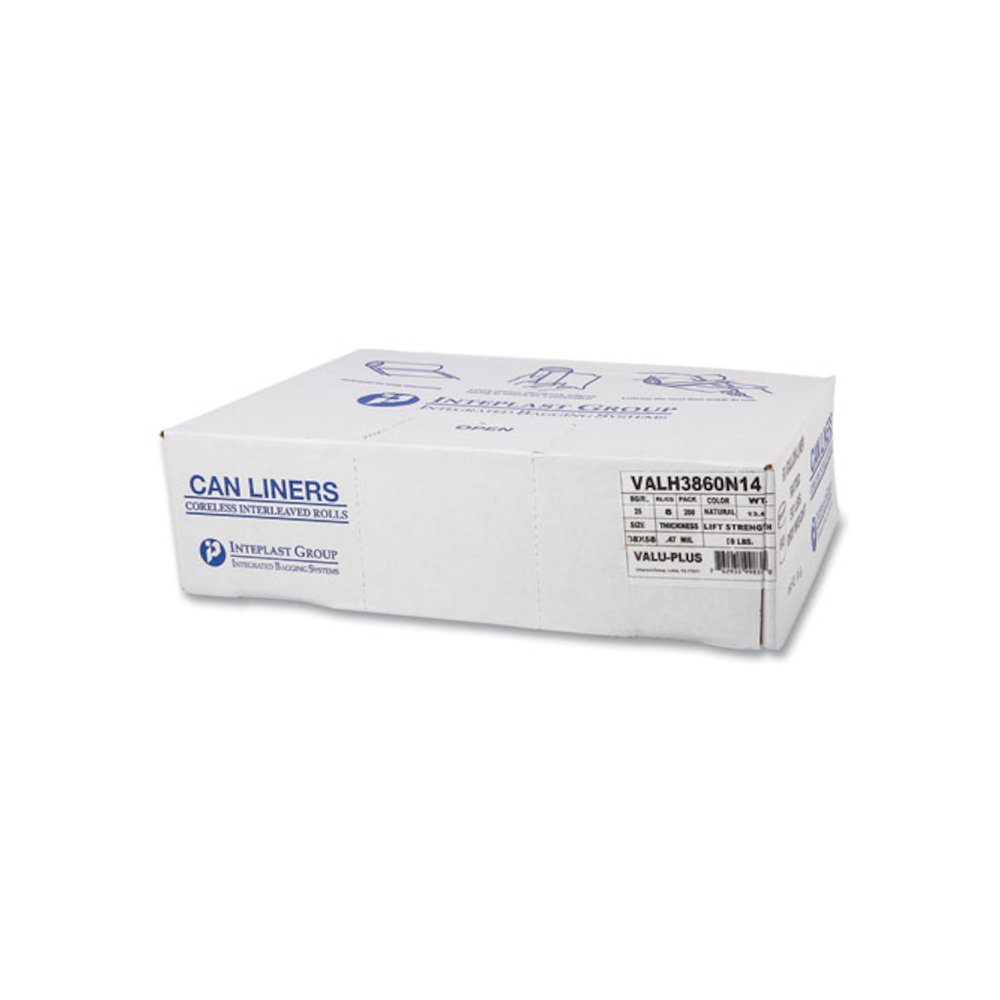 High-Density Commercial Can Liner Value Pack, 60 gal, 12 mic, 38" x 58", Clear, Interleaved Roll, 25 Bags/Roll, 8 Rolls/CT. Picture 3