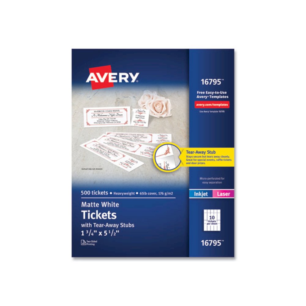 Printable Tickets with Tear-Away Stubs, 97 Bright, 65 lb Cover Weight, 8.5 x 11, White, 10 Tickets/Sheet, 50 Sheets/Pack. Picture 1
