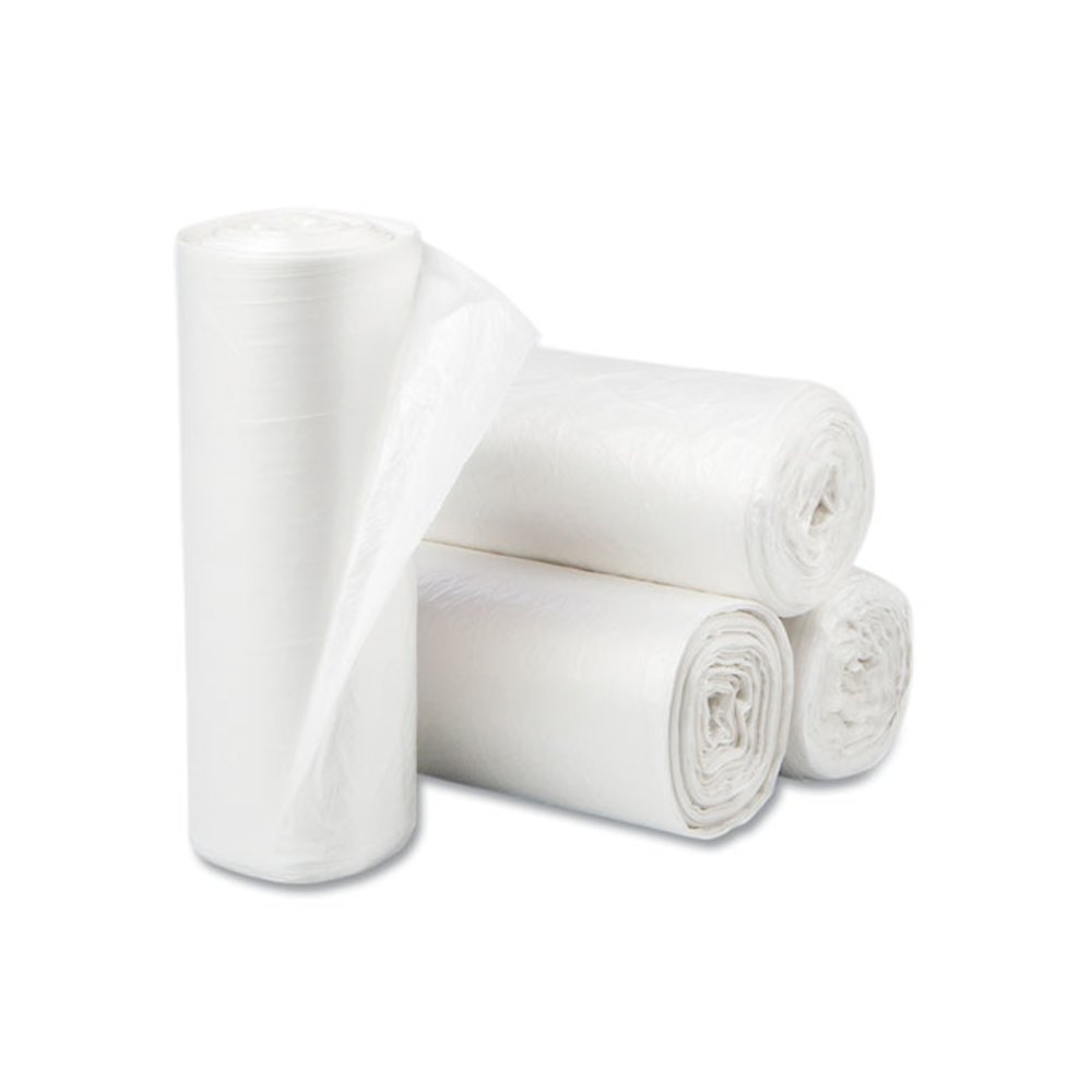 High-Density Commercial Can Liners, 10 gal, 5 mic, 24" x 24", Natural, Perforated Roll, 50 Bags/Roll, 20 Rolls/Carton. Picture 1