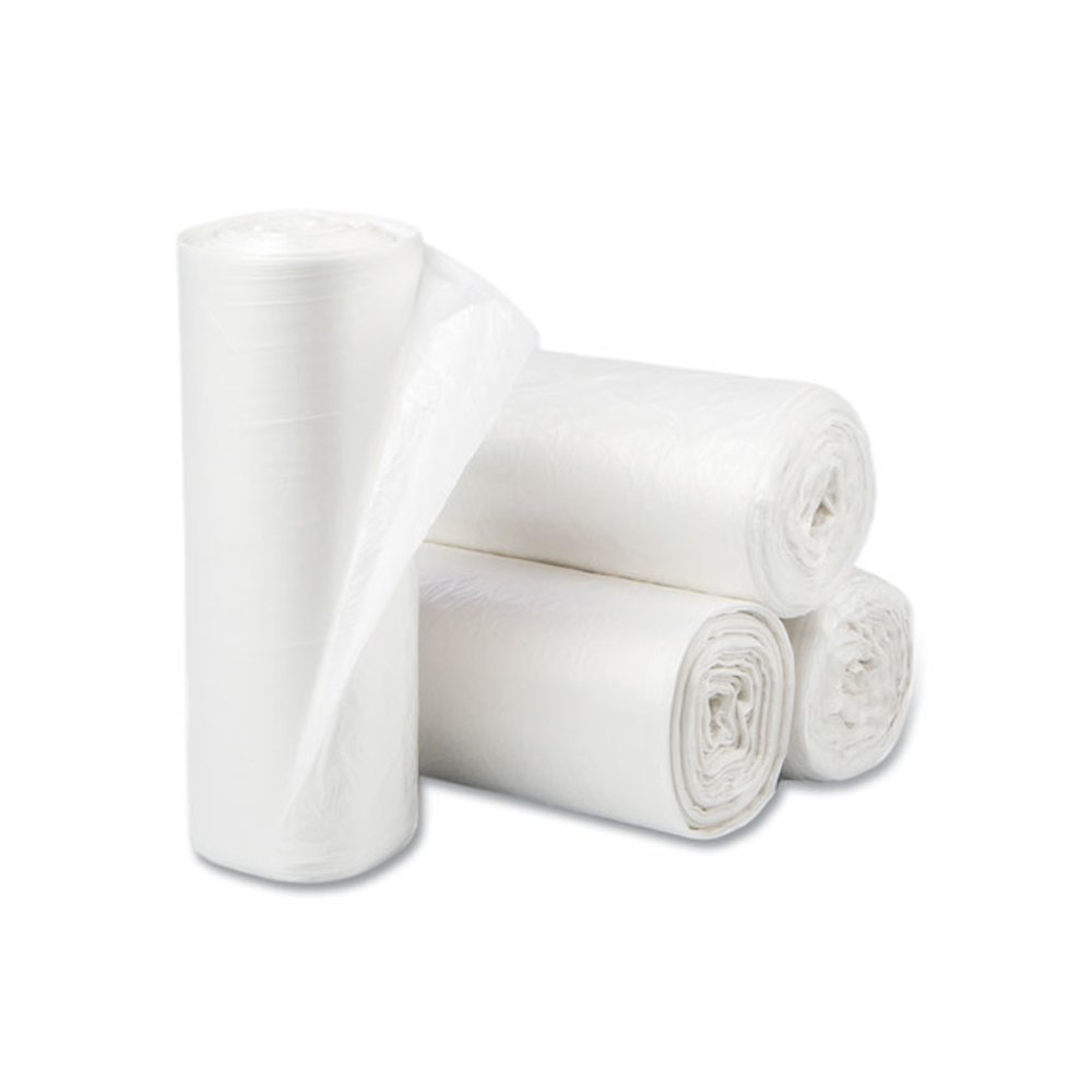 High-Density Commercial Can Liners, 60 gal, 12 mic, 38" x 60", Clear, Interleaved Roll, 25 Bags/Roll, 8 Rolls/Carton. Picture 1