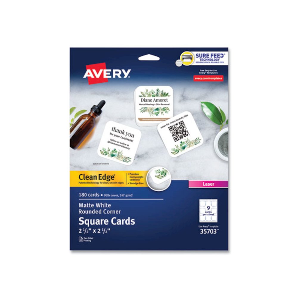 Square Clean Edge Cards with Sure Feed Technology, Laser, 2.5 x 2.5, White, 9 Cards/Sheet, 20 Sheets/Pack. Picture 1