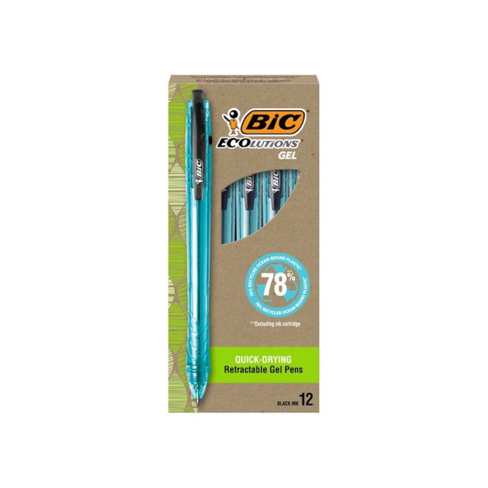 Ecolutions Gel Pen, Retractable, Medium 1 mm, Black Ink, Blue Barrel, Dozen. Picture 1