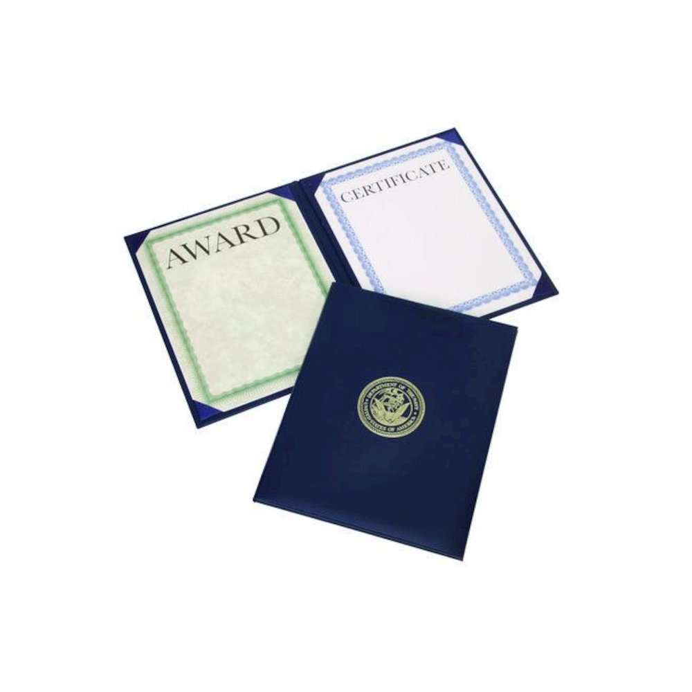 7510017141364, SKILCRAFT Awards Certificate Padded Cover Binder, Navy Seal, 9.12 x 11.62, Blue/Gold. Picture 1