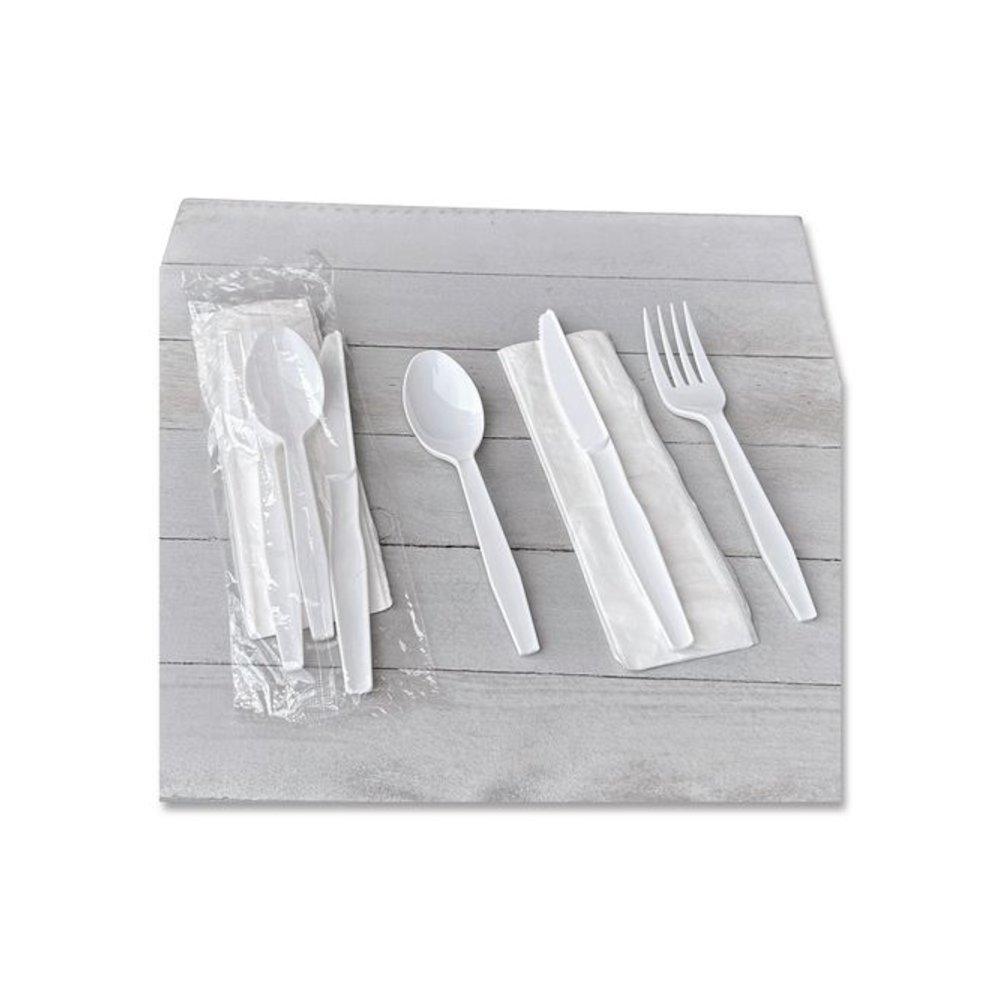 Four-Piece Polystyrene Cutlery Kit, Mediumweight, Fork/Knife/Napkin/Spoon, Plastic, White, 250/Carton. Picture 4