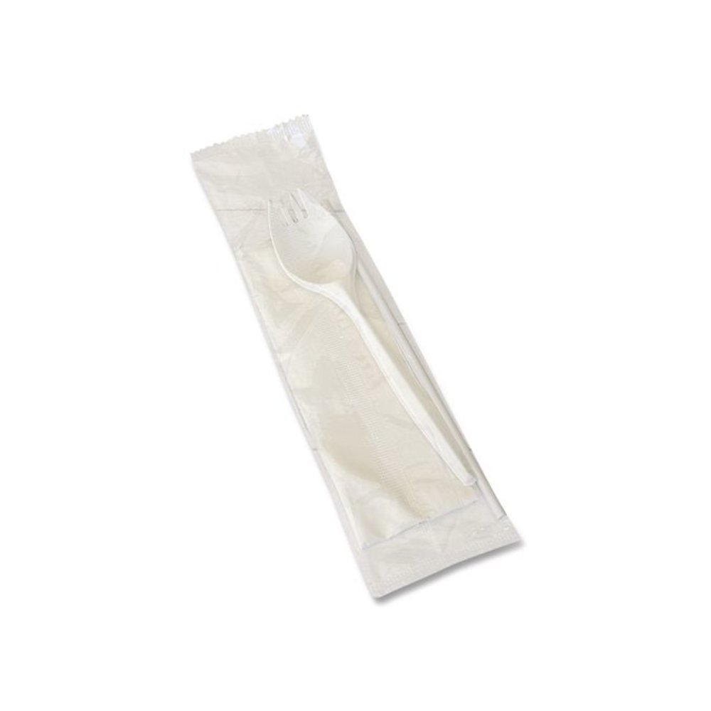 School Cutlery Kit, Mediumweight, Napkin/Spork/Straw, 5.31", Plastic, White, 1,000/Carton. Picture 4