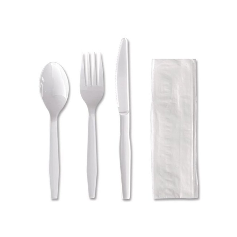 Four-Piece Polystyrene Cutlery Kit, Mediumweight, Fork/Knife/Napkin/Spoon, Plastic, White, 250/Carton. Picture 6