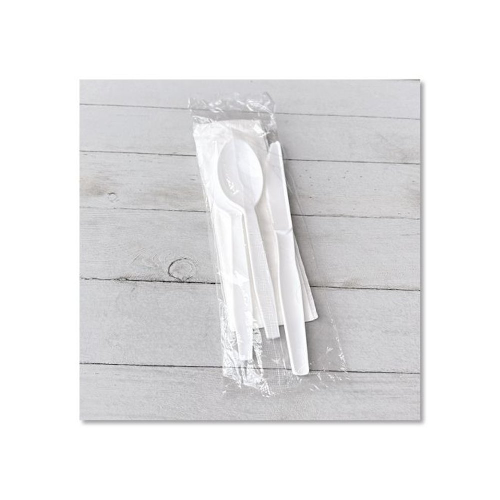 Four-Piece Polystyrene Cutlery Kit, Mediumweight, Fork/Knife/Napkin/Spoon, Plastic, White, 250/Carton. Picture 7