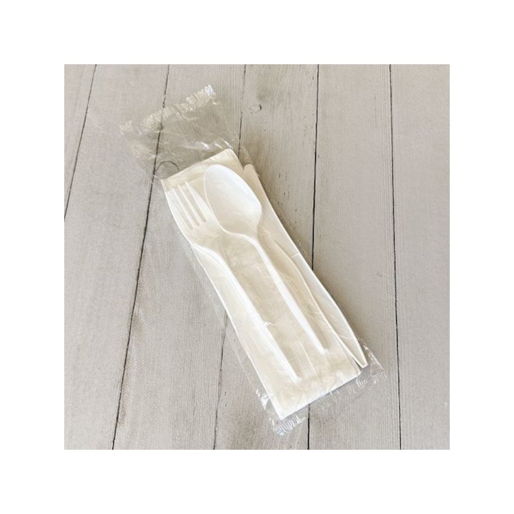 Four-Piece Polypropylene Cutlery Kit, Mediumweight, Fork/Knife/Napkin/Spoon, Plastic, White, 250/Carton. Picture 7