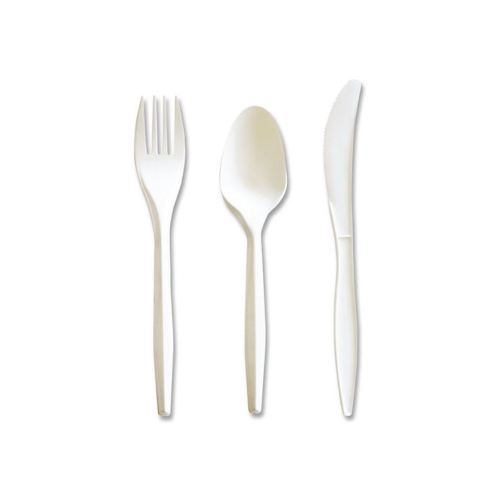 Three-Piece Cutlery Kit, Mediumweight, Fork/Knife/Spoon, 6.97", Plastic, White, 250/Carton. Picture 6