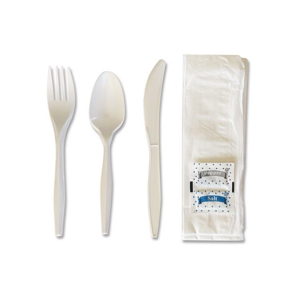 Six-Piece Cutlery Kit, Mediumweight, Fork/Knife/Napkin/Pepper/Salt/Spoon, 5.86", Plastic, White, 250/Carton. Picture 2