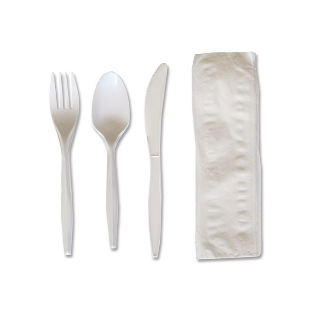 Four-Piece Polypropylene Cutlery Kit, Mediumweight, Fork/Knife/Napkin/Spoon, Plastic, White, 250/Carton. Picture 2