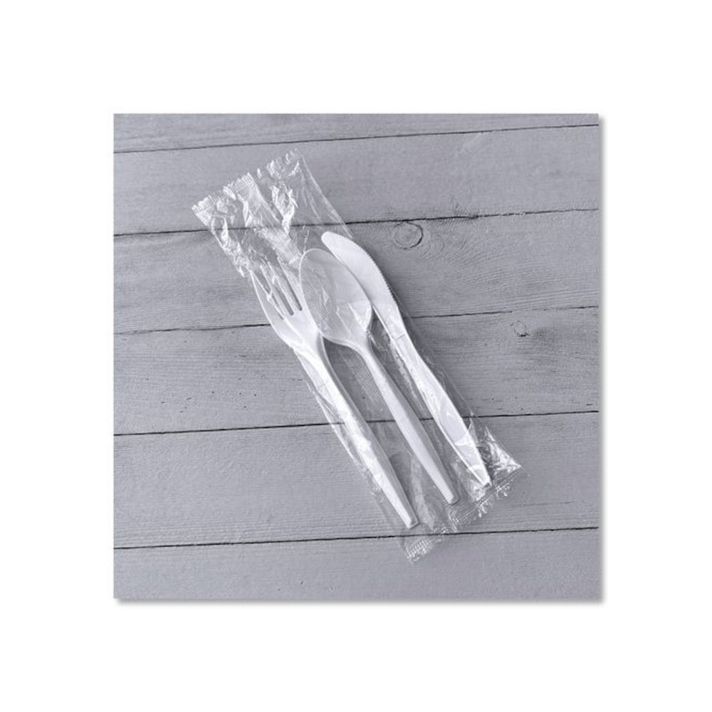 Three-Piece Cutlery Kit, Mediumweight, Fork/Knife/Spoon, 6.97", Plastic, White, 250/Carton. Picture 7