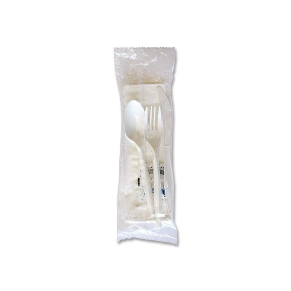 Six-Piece Cutlery Kit, Mediumweight, Fork/Knife/Napkin/Pepper/Salt/Spoon, 5.86", Plastic, White, 250/Carton. Picture 6