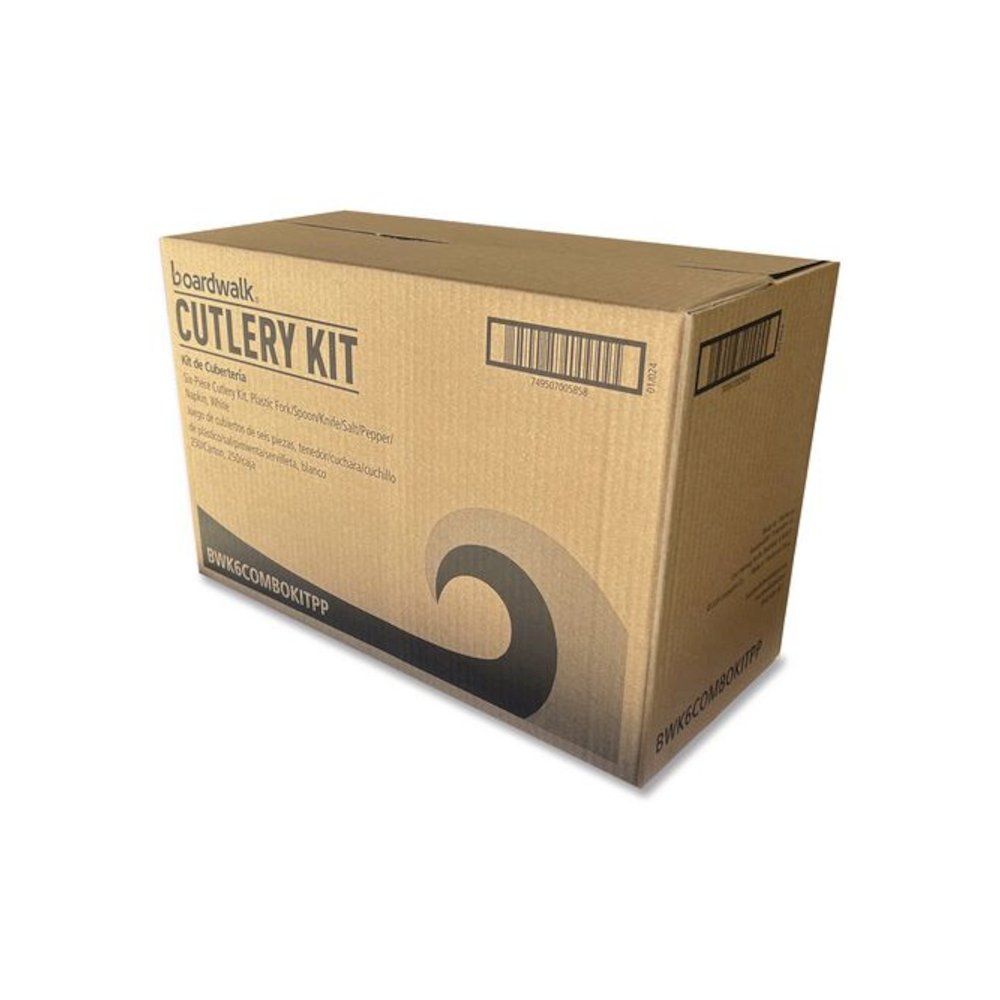 Six-Piece Cutlery Kit, Mediumweight, Fork/Knife/Napkin/Pepper/Salt/Spoon, 5.86", Plastic, White, 250/Carton. Picture 5