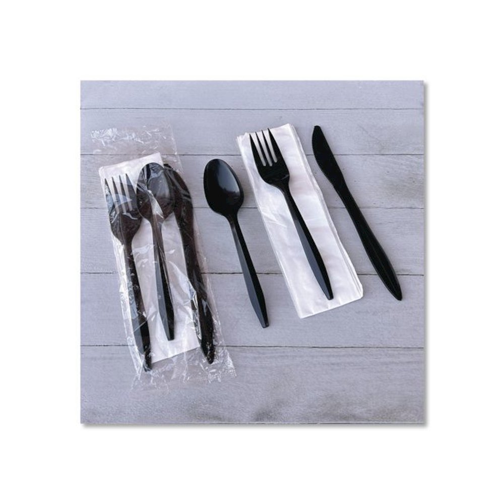 Four-Piece Cutlery Kit, Mediumweight, Fork/Knife/Napkin/Spoon, Plastic, 6.38", Black, 250/Carton. Picture 6