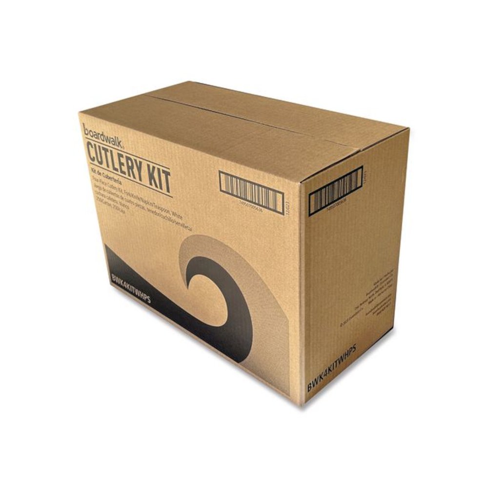 Four-Piece Polystyrene Cutlery Kit, Mediumweight, Fork/Knife/Napkin/Spoon, Plastic, White, 250/Carton. Picture 5