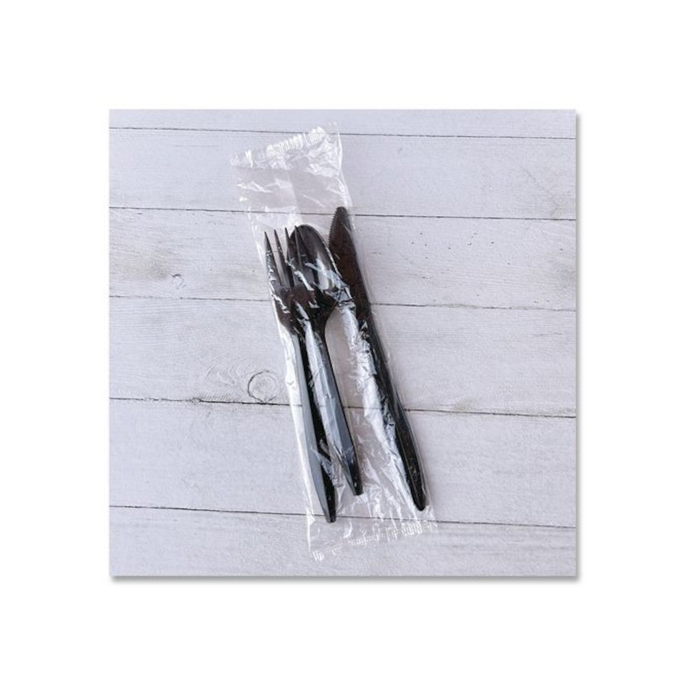 Three-Piece Polypropylene Cutlery Kit, Mediumweight, Fork/Knife/Spoon, Plastic, Black, 250/Carton. Picture 5