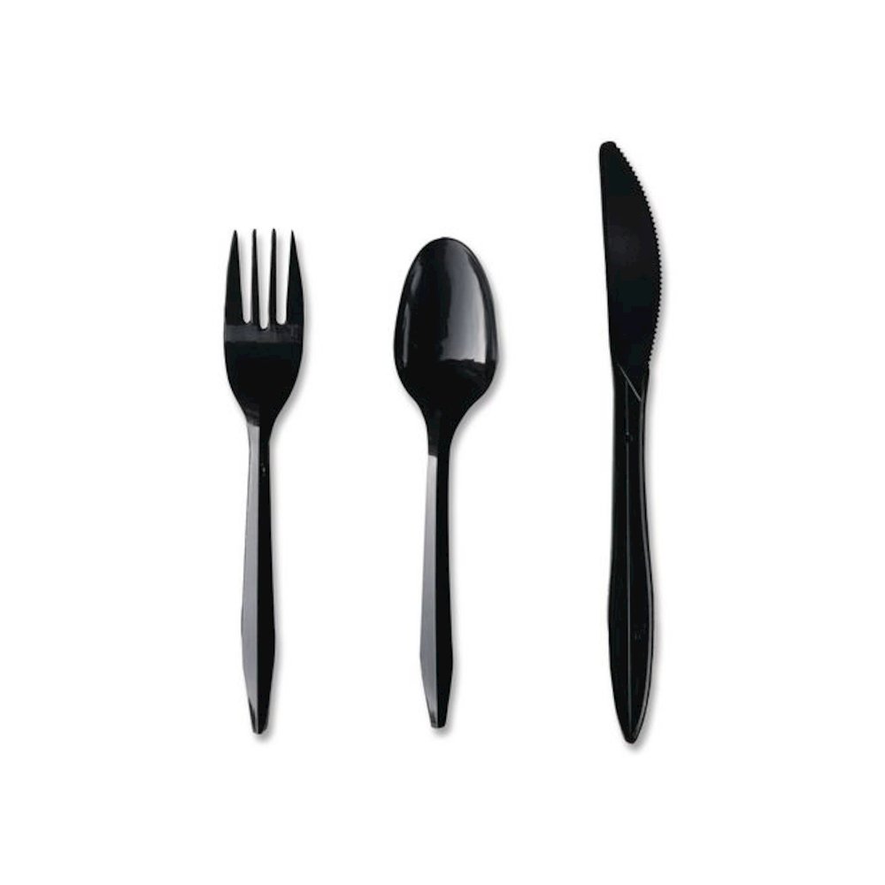 Three-Piece Polypropylene Cutlery Kit, Mediumweight, Fork/Knife/Spoon, Plastic, Black, 250/Carton. Picture 2