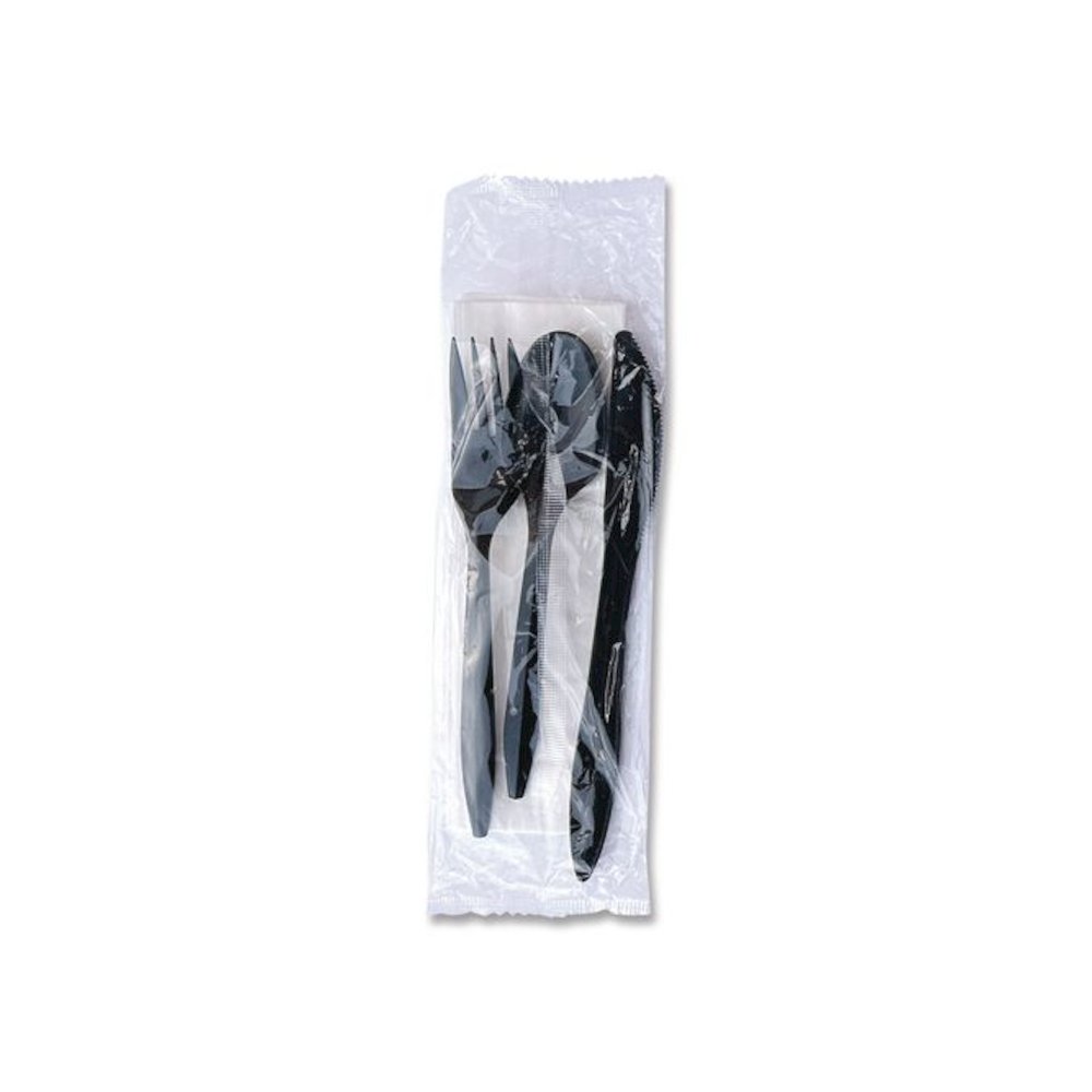 Four-Piece Cutlery Kit, Mediumweight, Fork/Knife/Napkin/Spoon, Plastic, 6.38", Black, 250/Carton. Picture 7