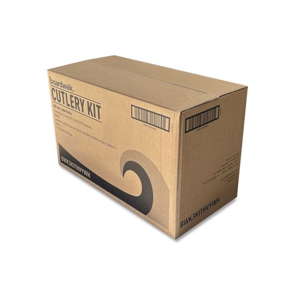 Three-Piece Polystyrene Cutlery Kit, Heavyweight, Fork/Knife/Spoon, Plastic, White, 250/Carton. Picture 5