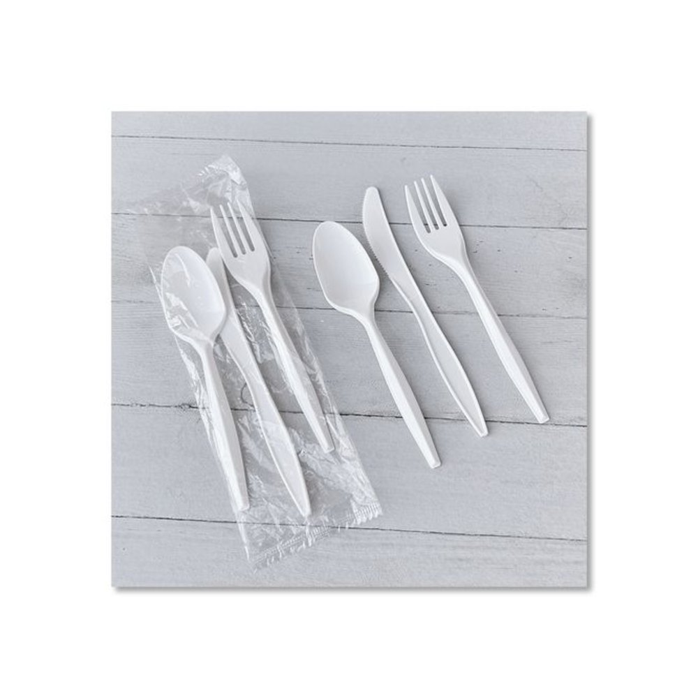Three-Piece Cutlery Kit, Mediumweight, Fork/Knife/Spoon, 6.97", Plastic, White, 250/Carton. Picture 4