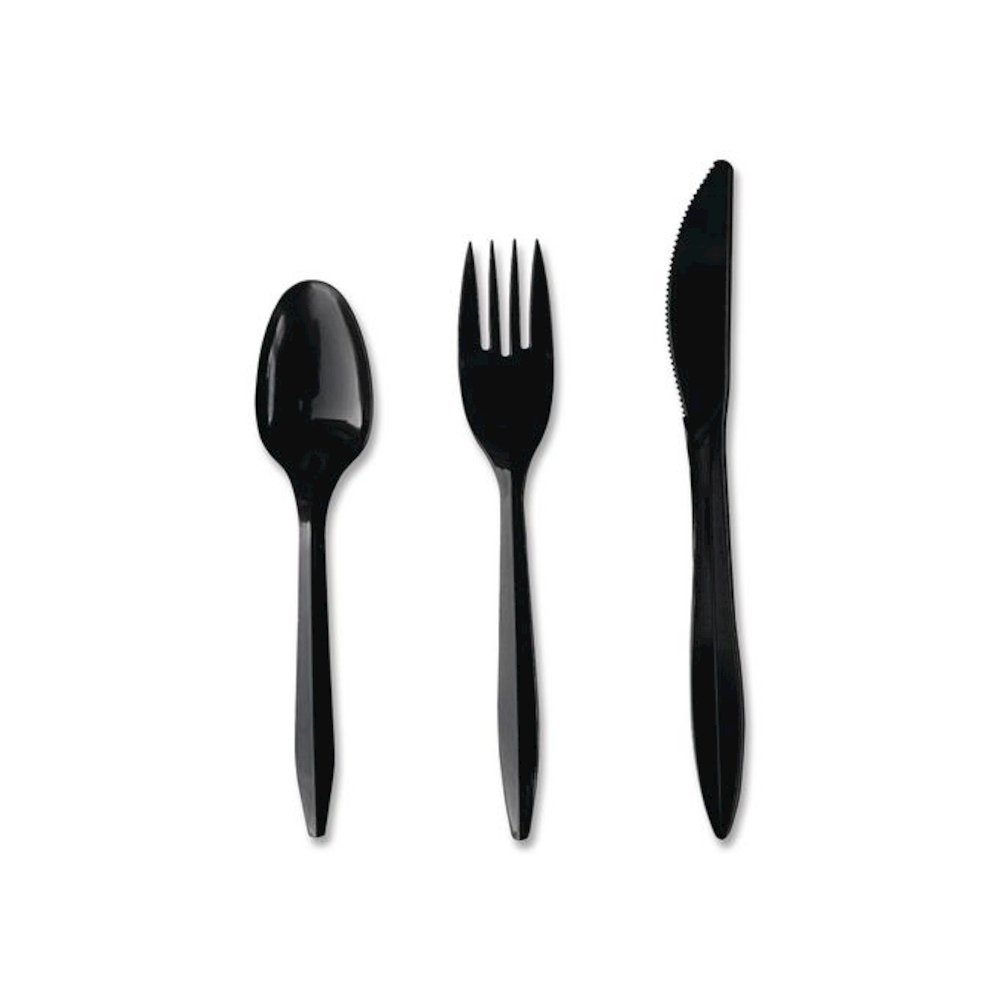 Four-Piece Cutlery Kit, Mediumweight, Fork/Knife/Napkin/Spoon, Plastic, 6.38", Black, 250/Carton. Picture 2