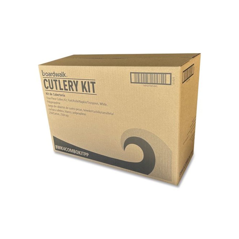 Four-Piece Polypropylene Cutlery Kit, Mediumweight, Fork/Knife/Napkin/Spoon, Plastic, White, 250/Carton. Picture 5