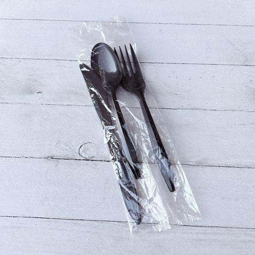 Three-Piece Polystyrene Cutlery Kit, Mediumweight, Fork/Knife/Spoon, Plastic, Black, 250/Carton. Picture 3