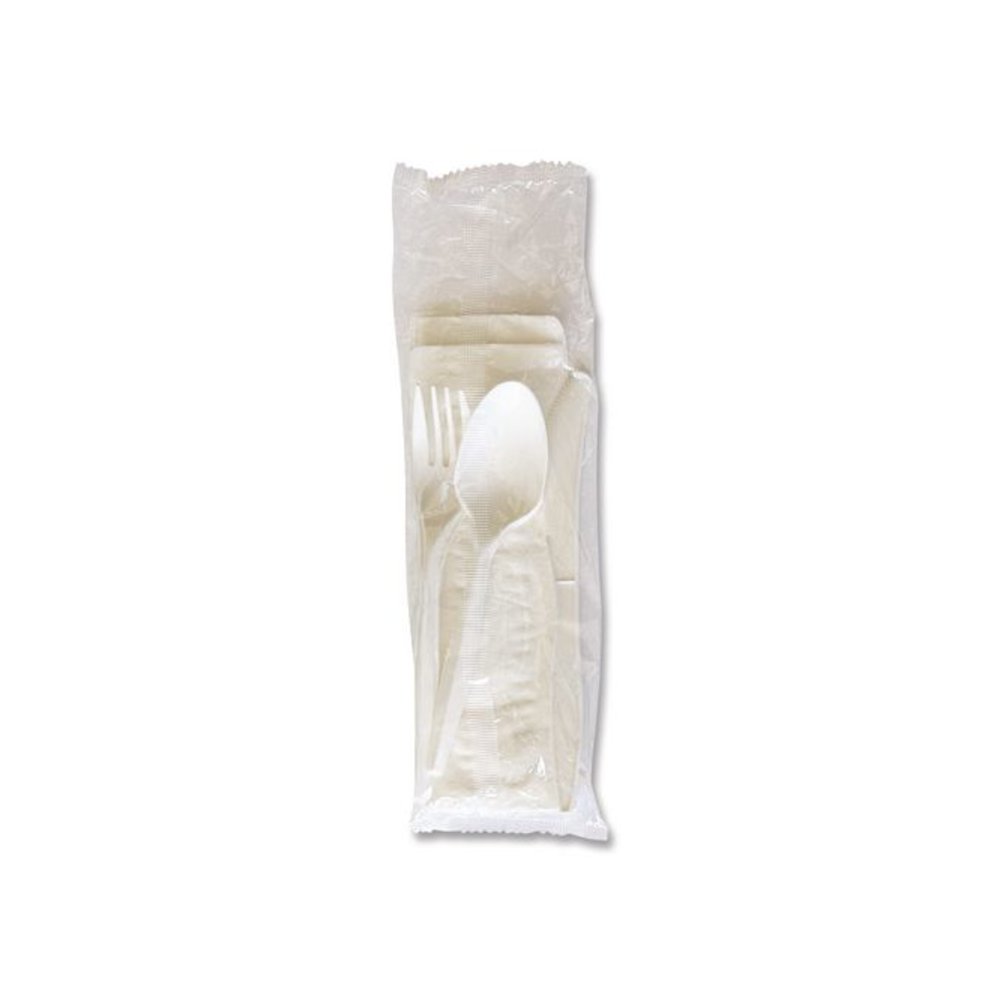 Four-Piece Polypropylene Cutlery Kit, Mediumweight, Fork/Knife/Napkin/Spoon, Plastic, White, 250/Carton. Picture 6