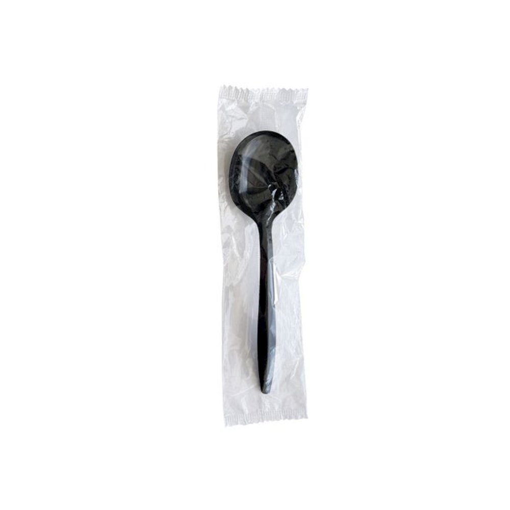 Mediumweight Wrapped Polypropylene Cutlery, Soup Spoon, Plastic, Black, 1,000/Carton. Picture 1