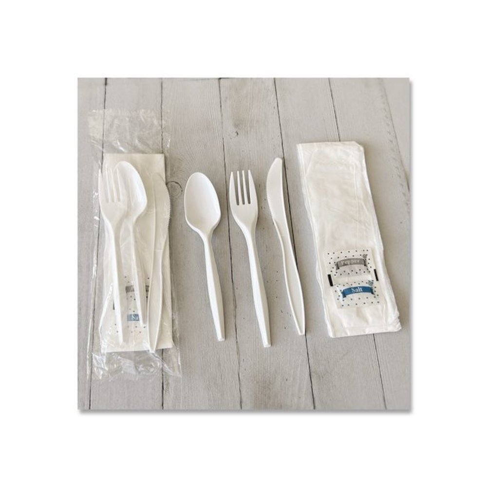 Six-Piece Cutlery Kit, Mediumweight, Fork/Knife/Napkin/Pepper/Salt/Spoon, 5.86", Plastic, White, 250/Carton. Picture 4
