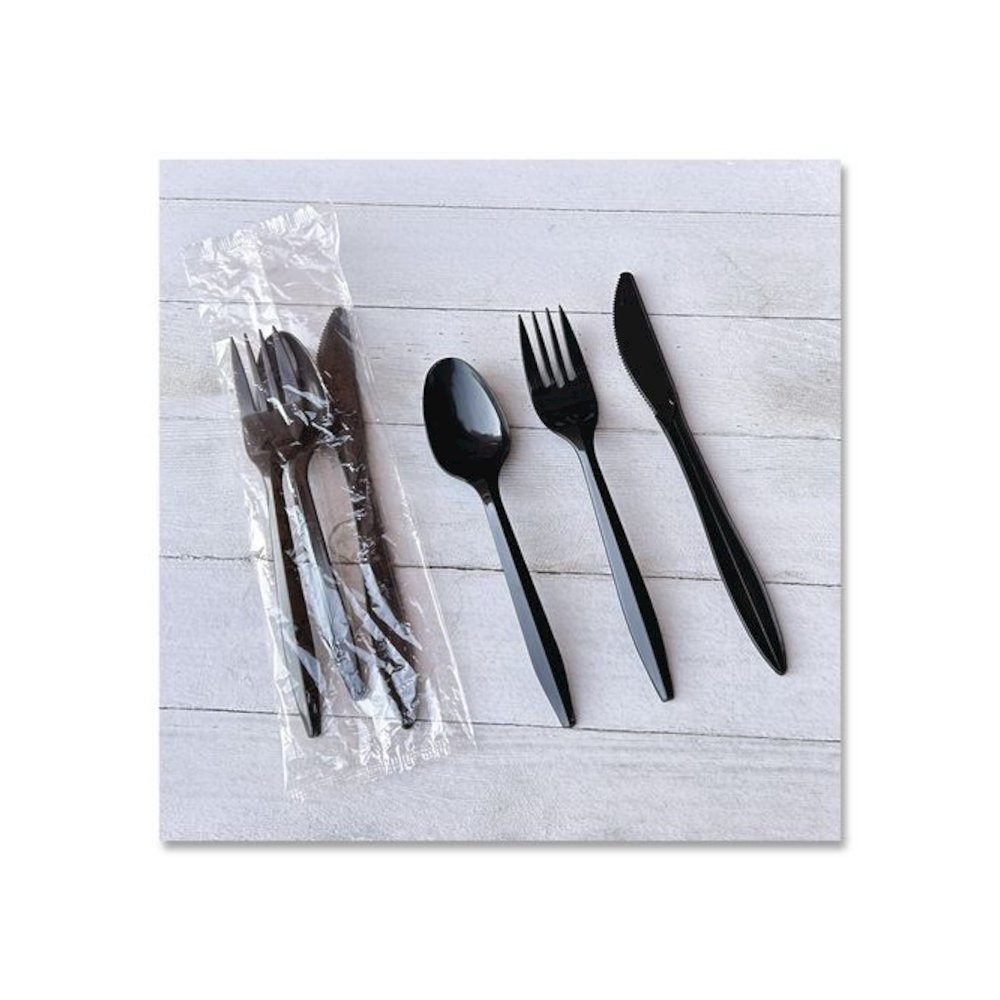 Three-Piece Polypropylene Cutlery Kit, Mediumweight, Fork/Knife/Spoon, Plastic, Black, 250/Carton. Picture 6