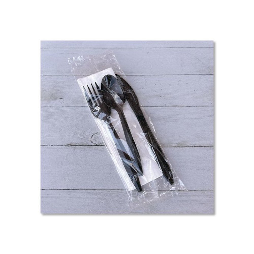 Four-Piece Cutlery Kit, Mediumweight, Fork/Knife/Napkin/Spoon, Plastic, 6.38", Black, 250/Carton. Picture 4