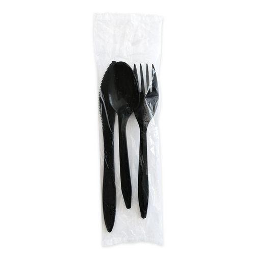 Three-Piece Polystyrene Cutlery Kit, Mediumweight, Fork/Knife/Spoon, Plastic, Black, 250/Carton. Picture 1