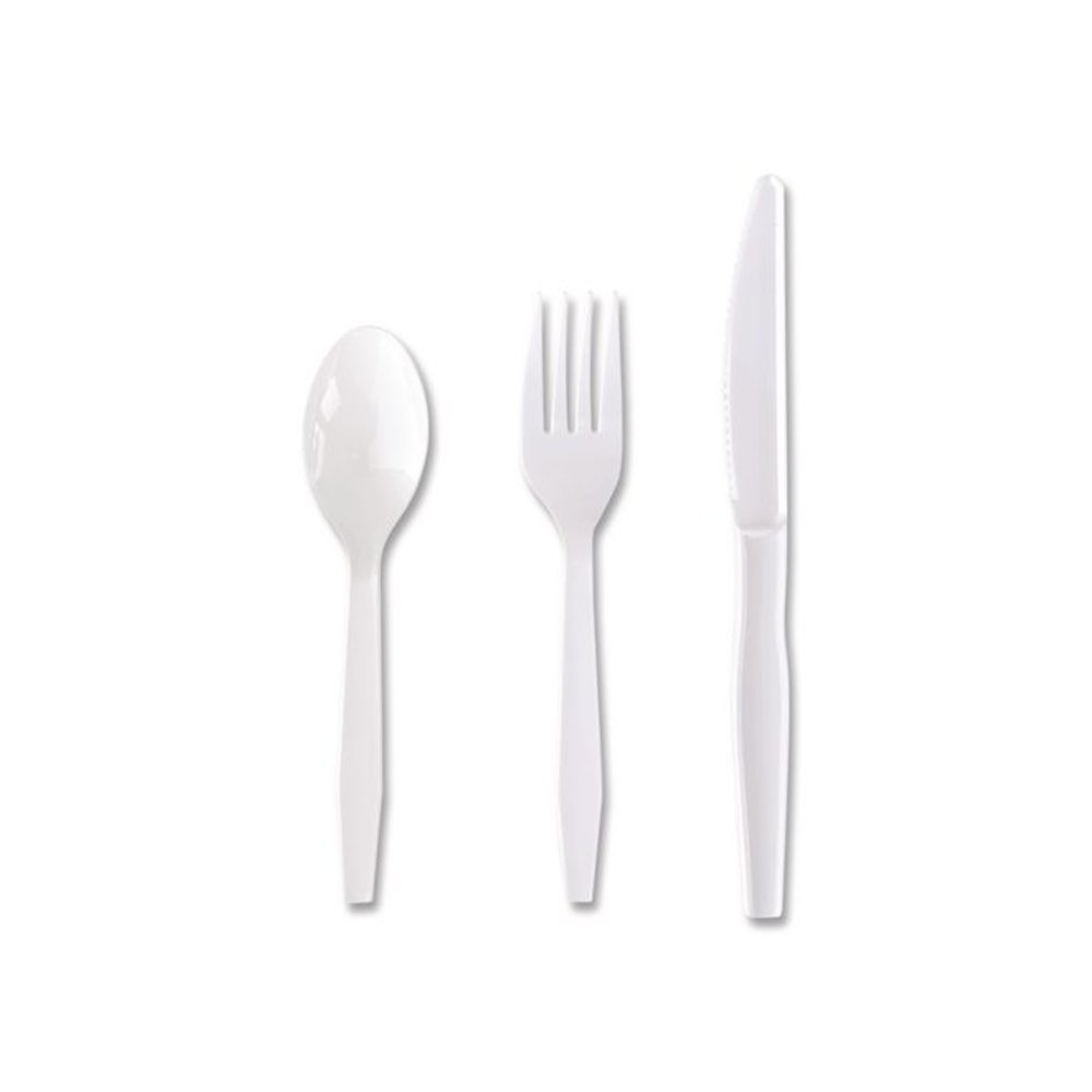 Three-Piece Polystyrene Cutlery Kit, Heavyweight, Fork/Knife/Spoon, Plastic, White, 250/Carton. Picture 2