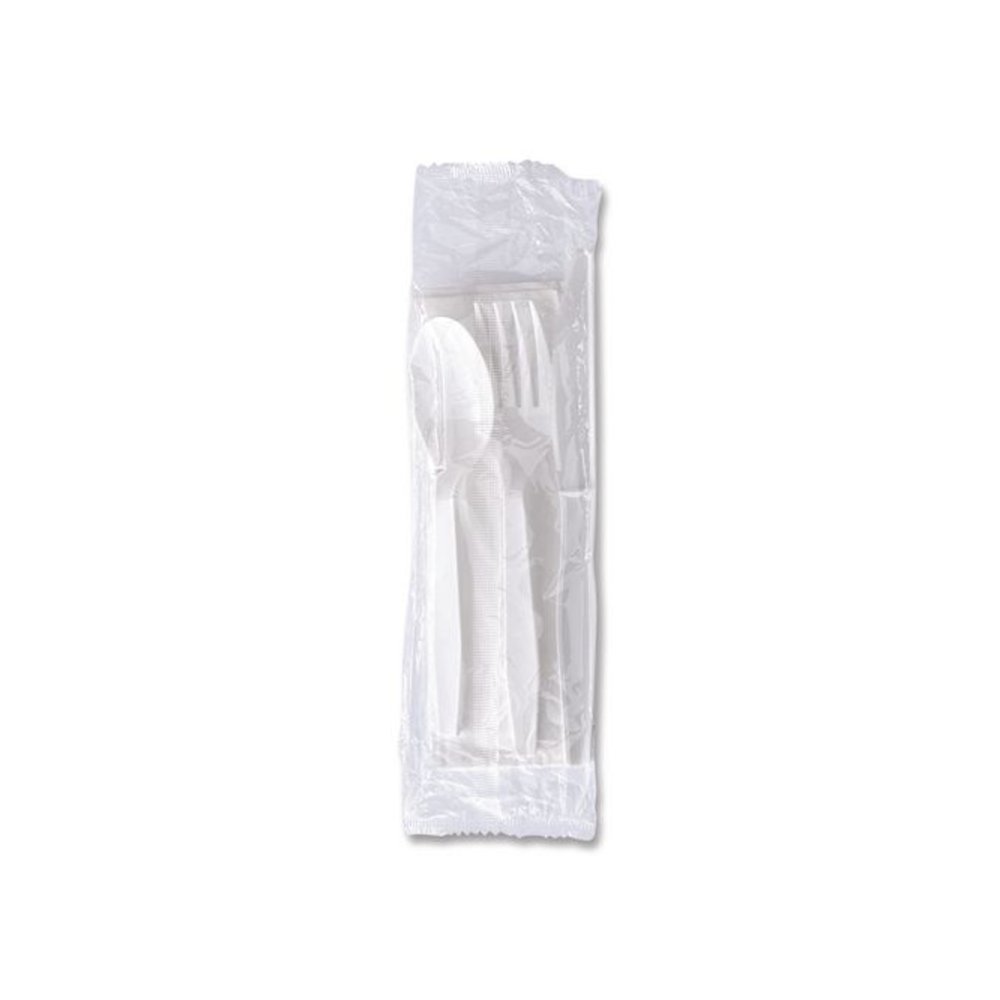 Four-Piece Polystyrene Cutlery Kit, Mediumweight, Fork/Knife/Napkin/Spoon, Plastic, White, 250/Carton. Picture 2
