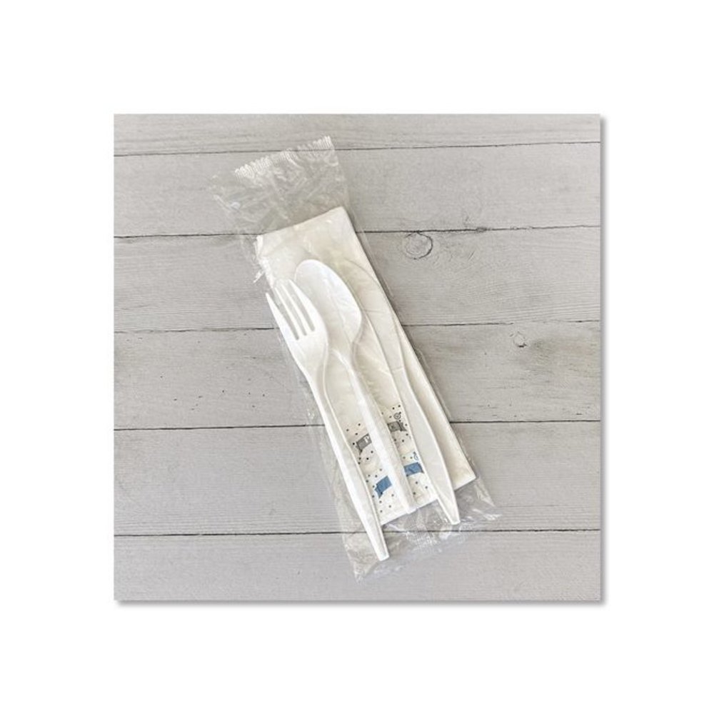 Six-Piece Cutlery Kit, Mediumweight, Fork/Knife/Napkin/Pepper/Salt/Spoon, 5.86", Plastic, White, 250/Carton. Picture 7