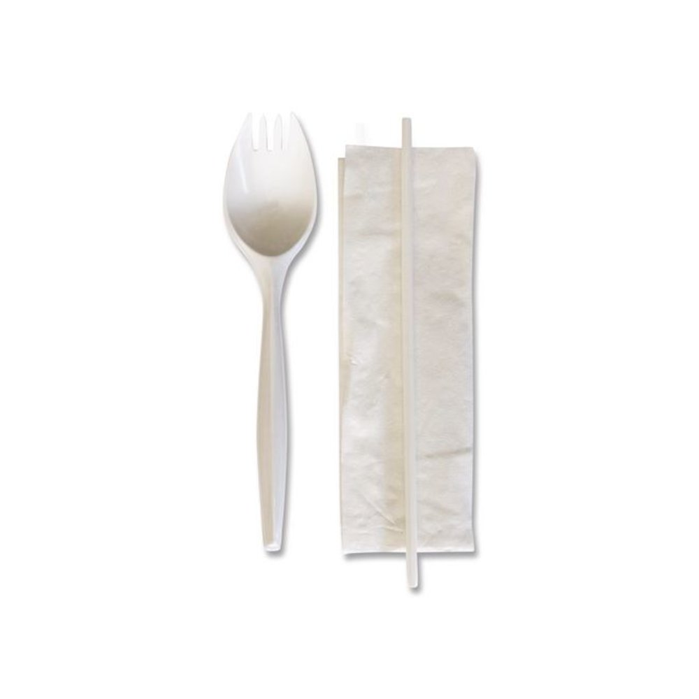 School Cutlery Kit, Mediumweight, Napkin/Spork/Straw, 5.31", Plastic, White, 1,000/Carton. Picture 2