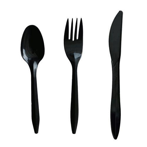 Three-Piece Polystyrene Cutlery Kit, Mediumweight, Fork/Knife/Spoon, Plastic, Black, 250/Carton. Picture 2