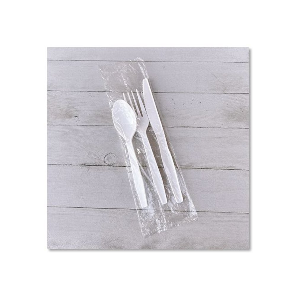 Three-Piece Polystyrene Cutlery Kit, Heavyweight, Fork/Knife/Spoon, Plastic, White, 250/Carton. Picture 6