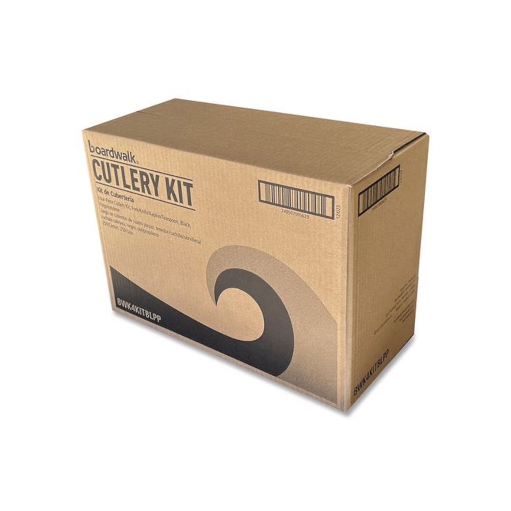 Four-Piece Cutlery Kit, Mediumweight, Fork/Knife/Napkin/Spoon, Plastic, 6.38", Black, 250/Carton. Picture 5