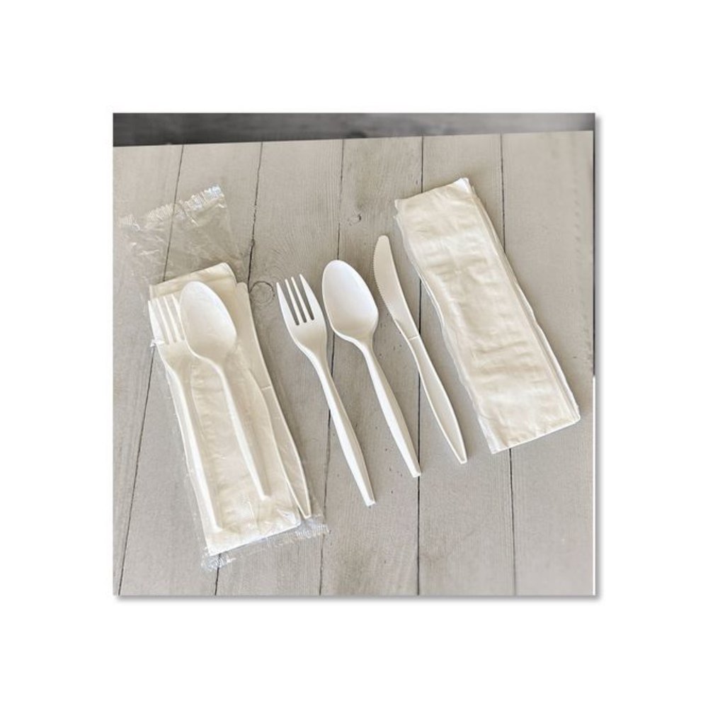 Four-Piece Polypropylene Cutlery Kit, Mediumweight, Fork/Knife/Napkin/Spoon, Plastic, White, 250/Carton. Picture 4