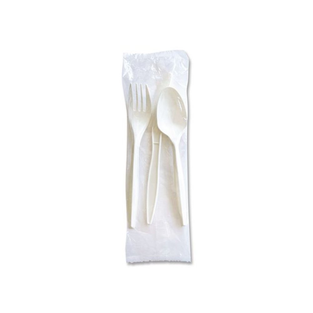 Three-Piece Cutlery Kit, Mediumweight, Fork/Knife/Spoon, 6.97", Plastic, White, 250/Carton. Picture 2