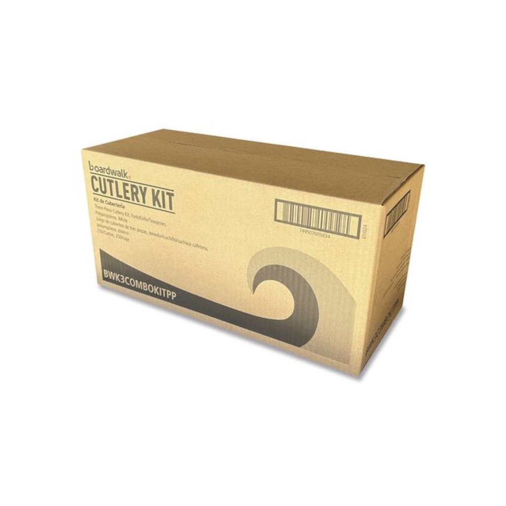 Three-Piece Cutlery Kit, Mediumweight, Fork/Knife/Spoon, 6.97", Plastic, White, 250/Carton. Picture 5