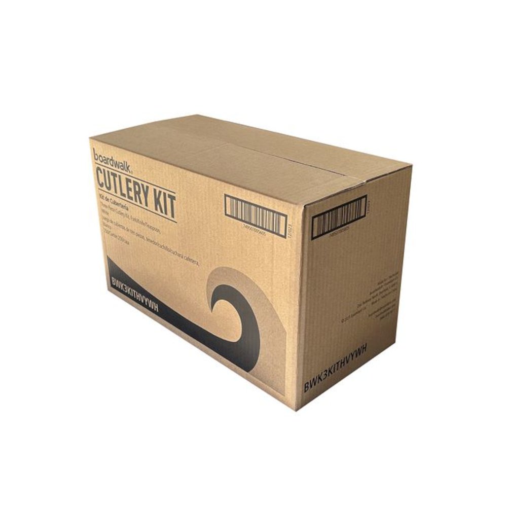 Three-Piece Polystyrene Cutlery Kit, Heavyweight, Fork/Knife/Spoon, Plastic, Black, 250/Carton. Picture 4
