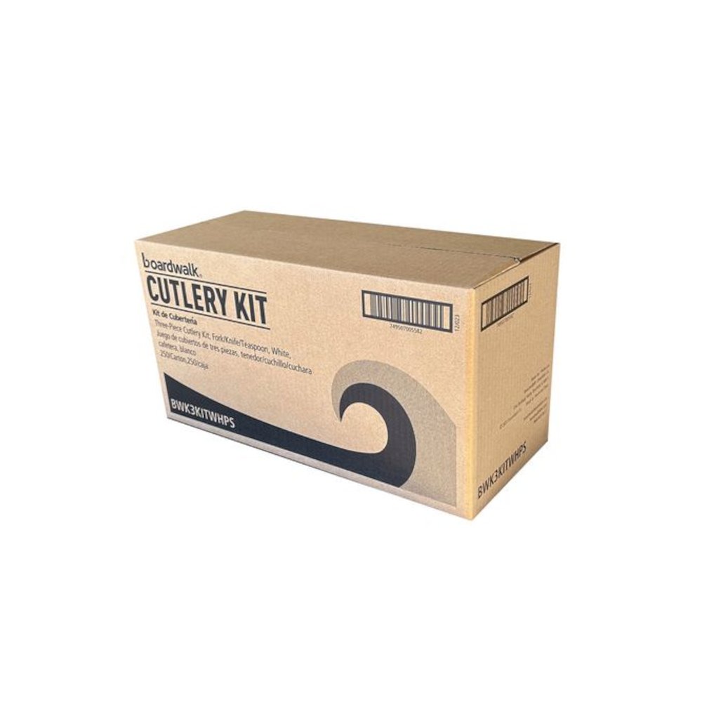 Three-Piece Polystyrene Cutlery Kit, Mediumweight, Fork/Knife/Spoon, Plastic, White, 250/Carton. Picture 4
